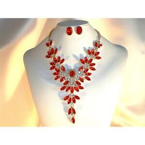 Red Rhinestone necklace set, wedding MOB prom party formal evening necklace
